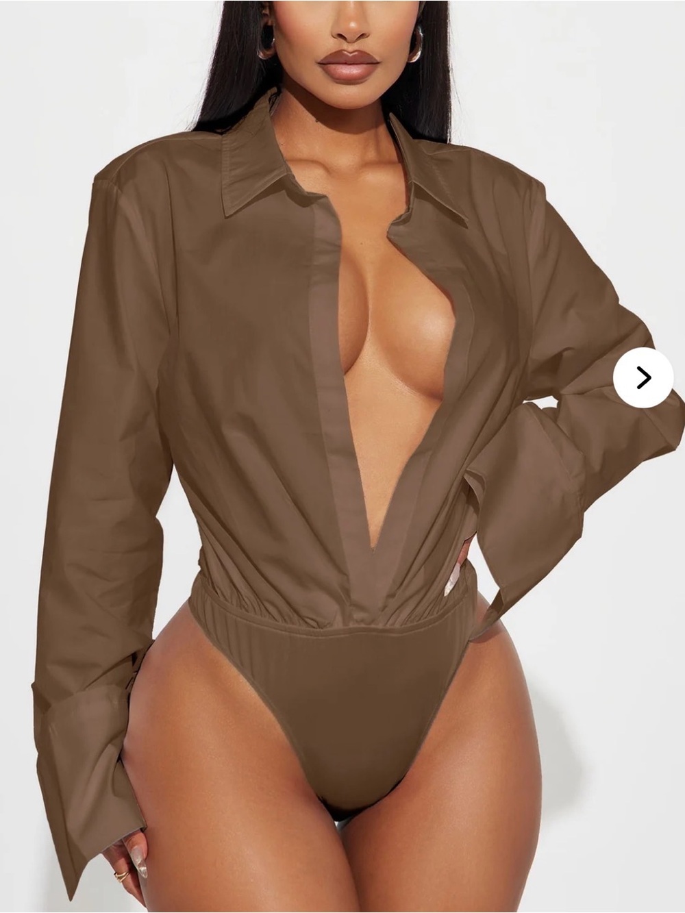 Fashion Nova Brown Long-Sleeve Deep V Bodysuit